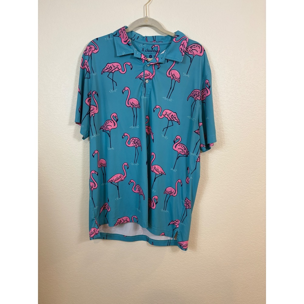 Chubbies Polo Shirt Mens Large Blue Flamingo Performance Short Sleeve Golf Beach